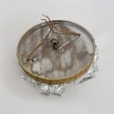 Old crown ceiling light with 2 bulbs, half basket with glass pendants.