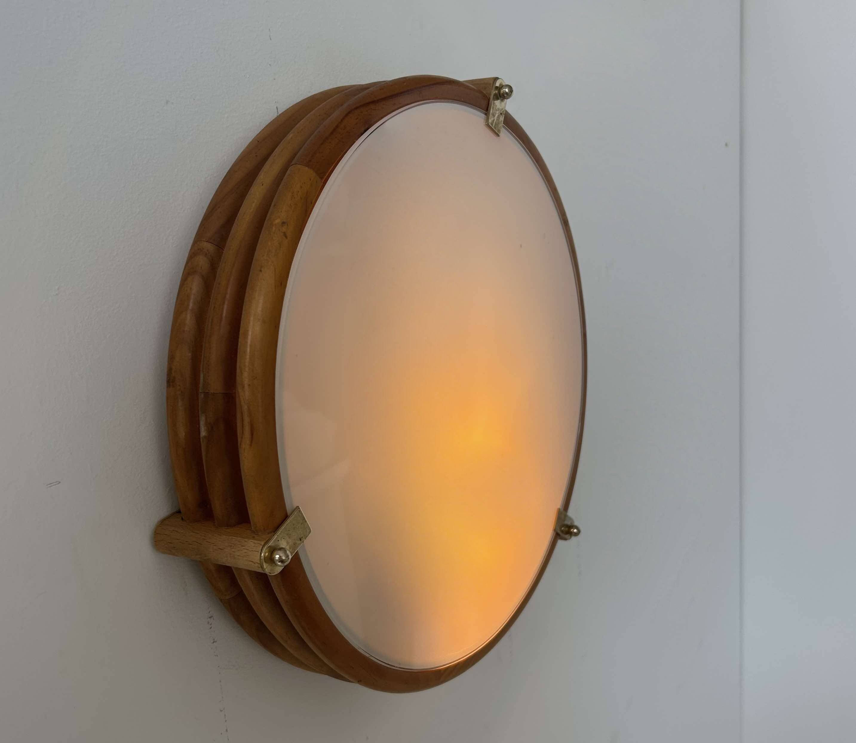 Vintage round wall light, wood, glass and brass, France 1980