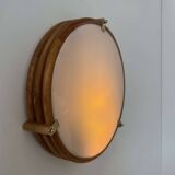 Vintage round wall light, wood, glass and brass, France 1980