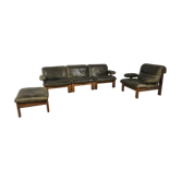 Canapé modulable, fauteuil en cuir et bois années 70