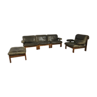 Canapé modulable, fauteuil en cuir et bois années 70