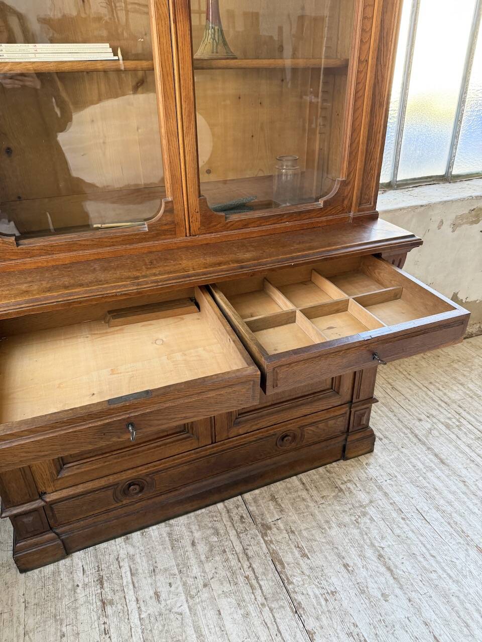 Antique XL Napoleonic oak glass bookcase, 19th century