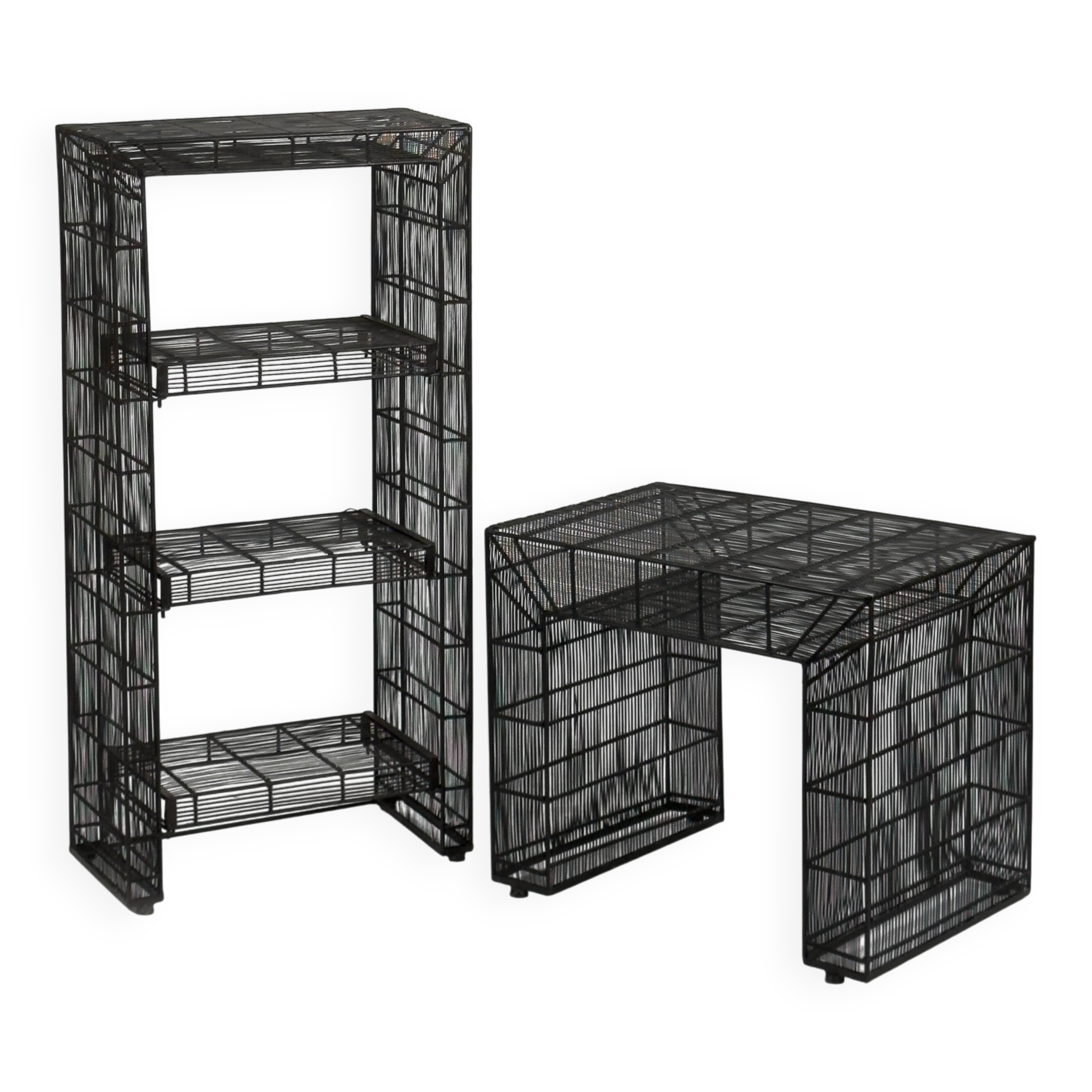 Vintage sculptural metal wire shelving and display table set