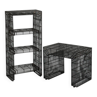 Vintage sculptural metal wire shelving and display table set