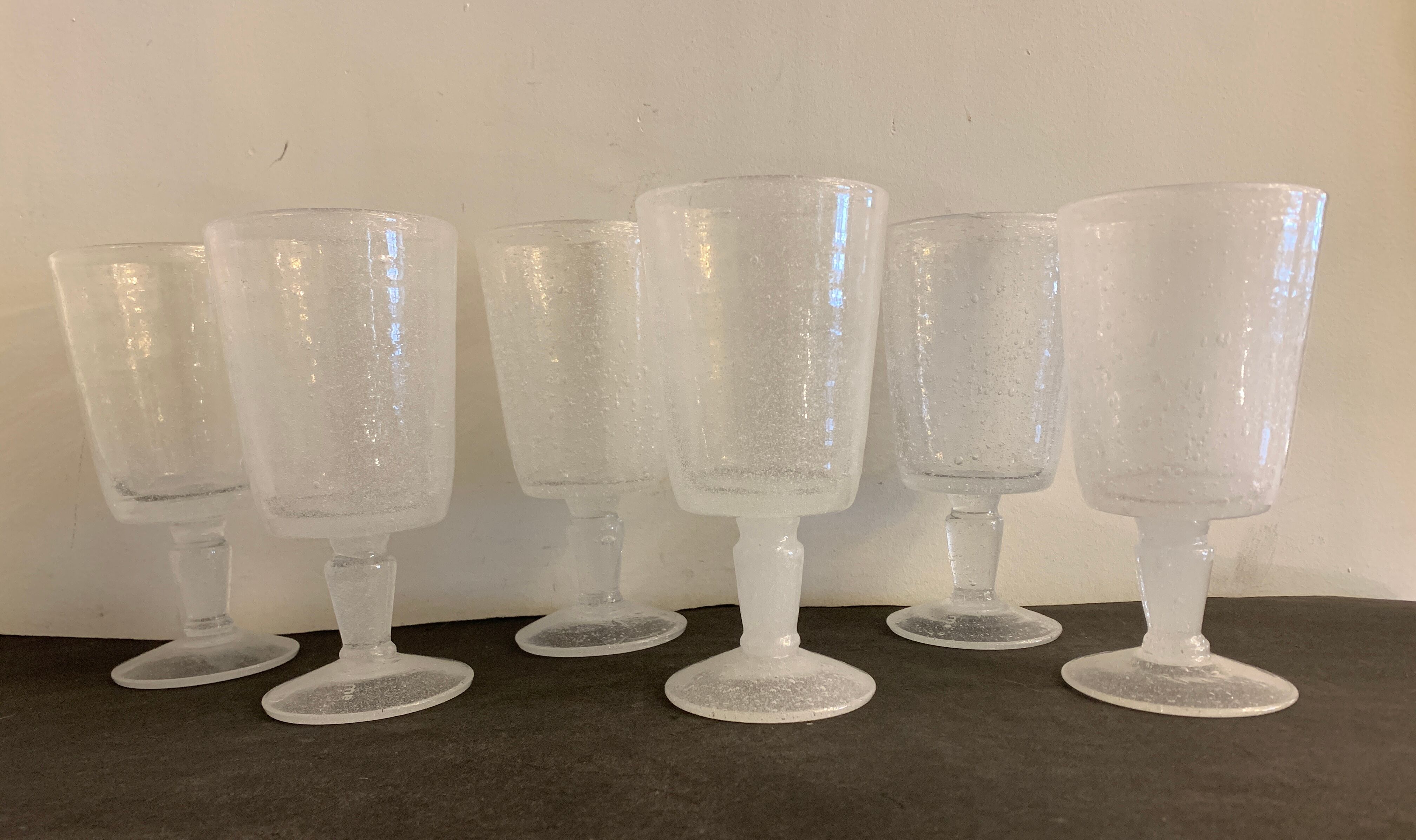 6 blown and bubbled wine stemmed glasses, Riom glassware, Puy-de-Dôme