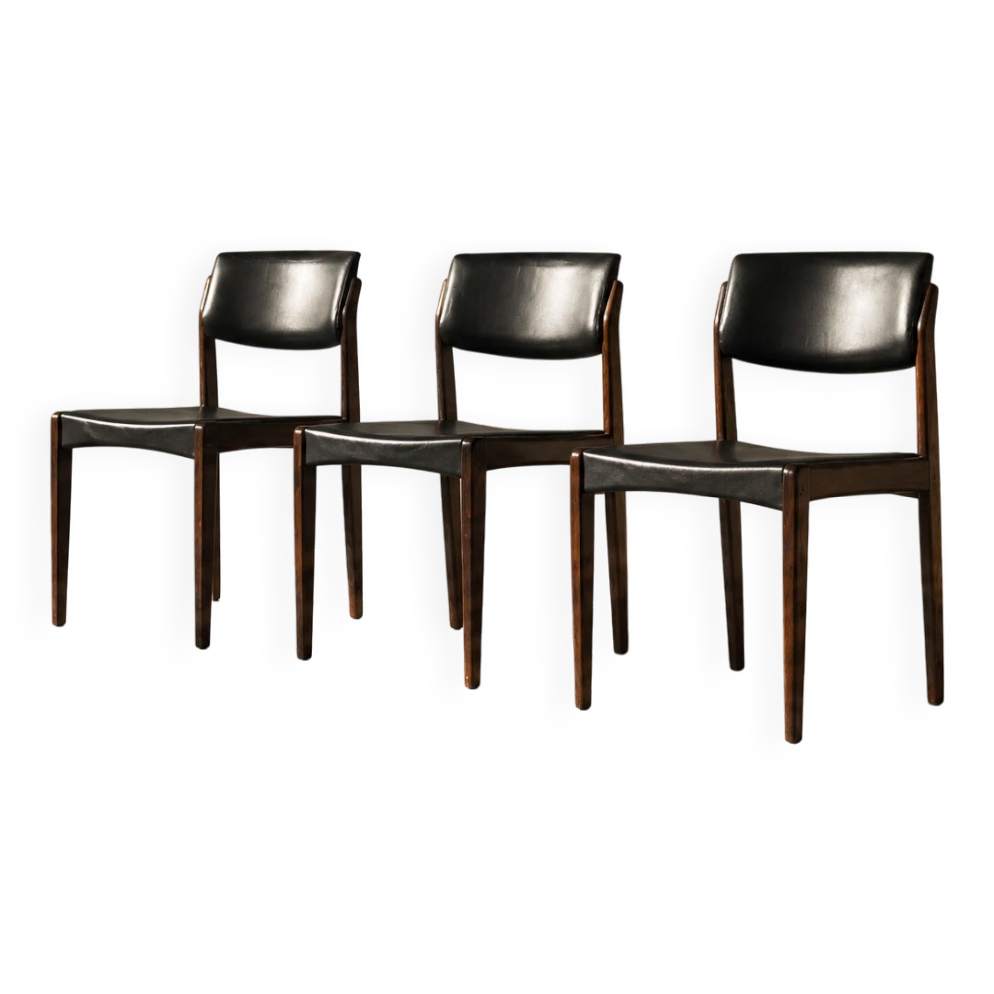 Set of 3 Vintage Mid-Century Danish Modern Rosewood & Black Leather Chairs