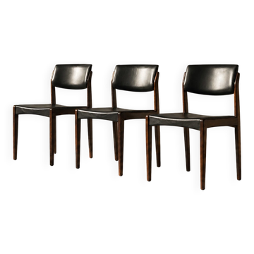 Set of 3 Vintage Mid-Century Danish Modern Rosewood & Black Leather Chairs