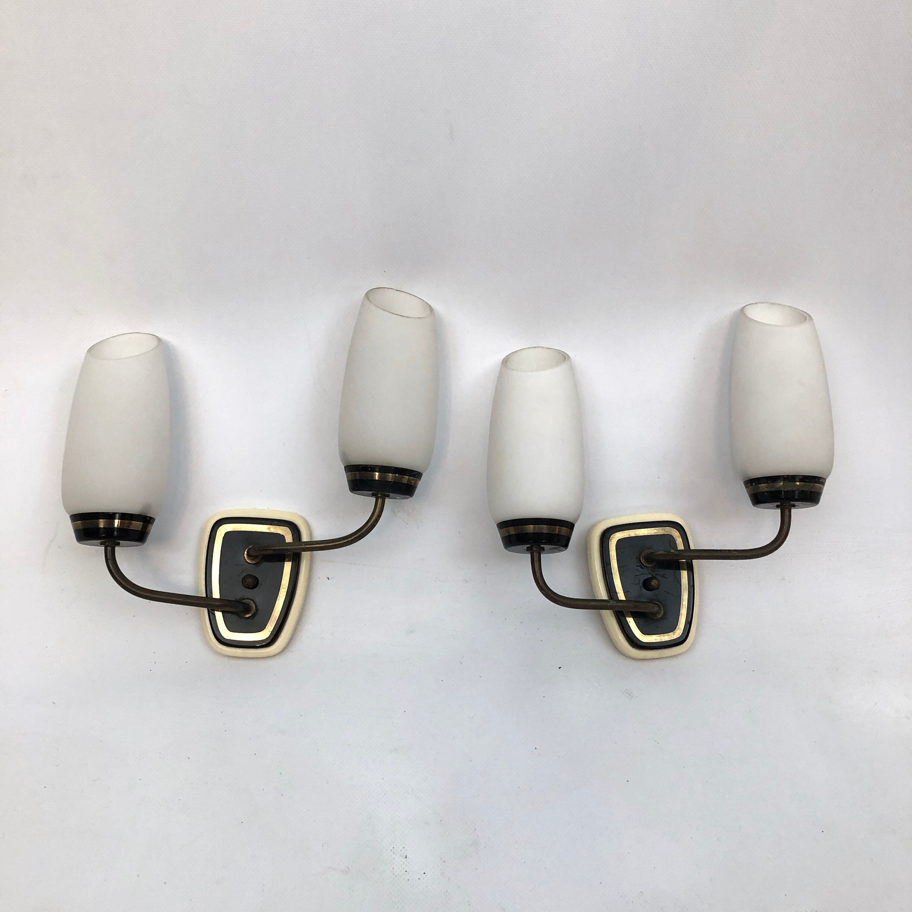 Mid-century Italian brass and opaline glass sconces. Set of two