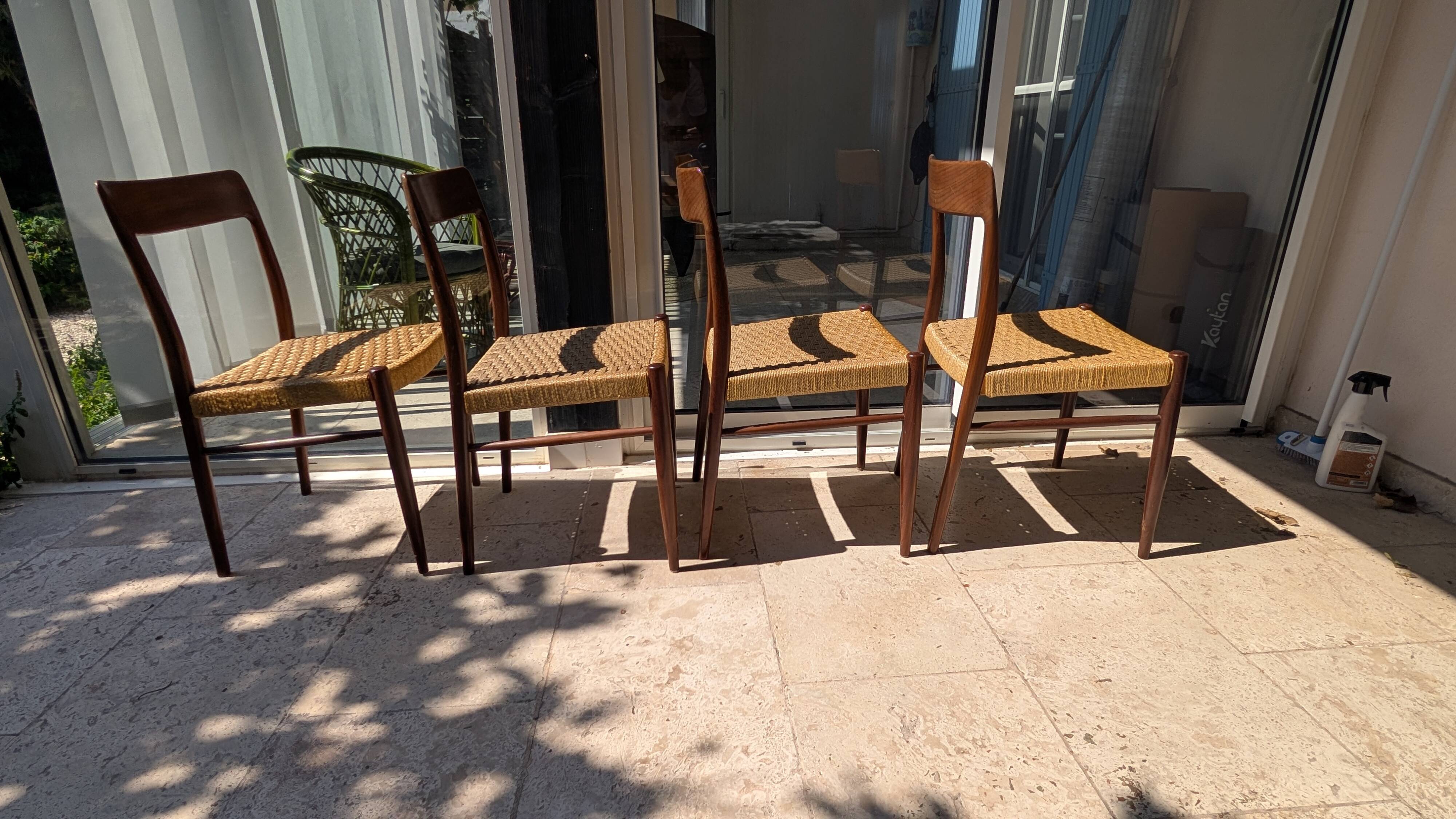 Set of 4 vintage teak chairs with weaving, Scandinavian, Mid-Century.