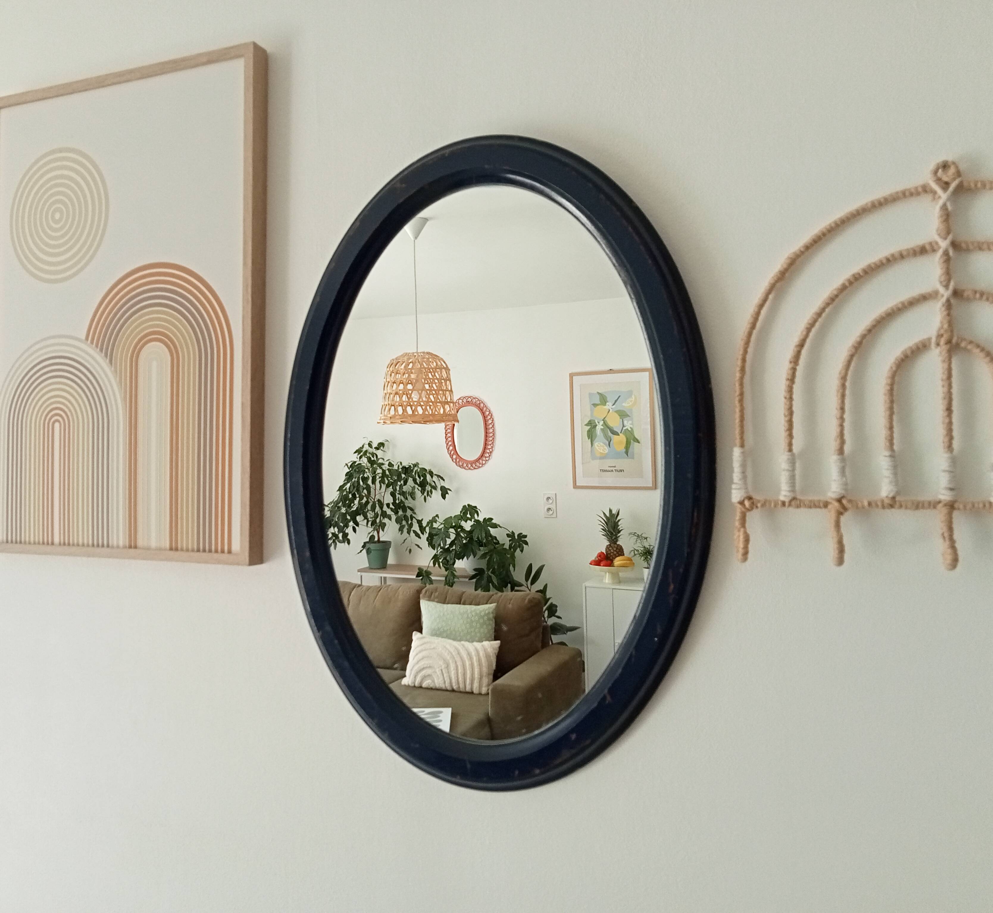 Vintage oval mirror in petrol blue wood