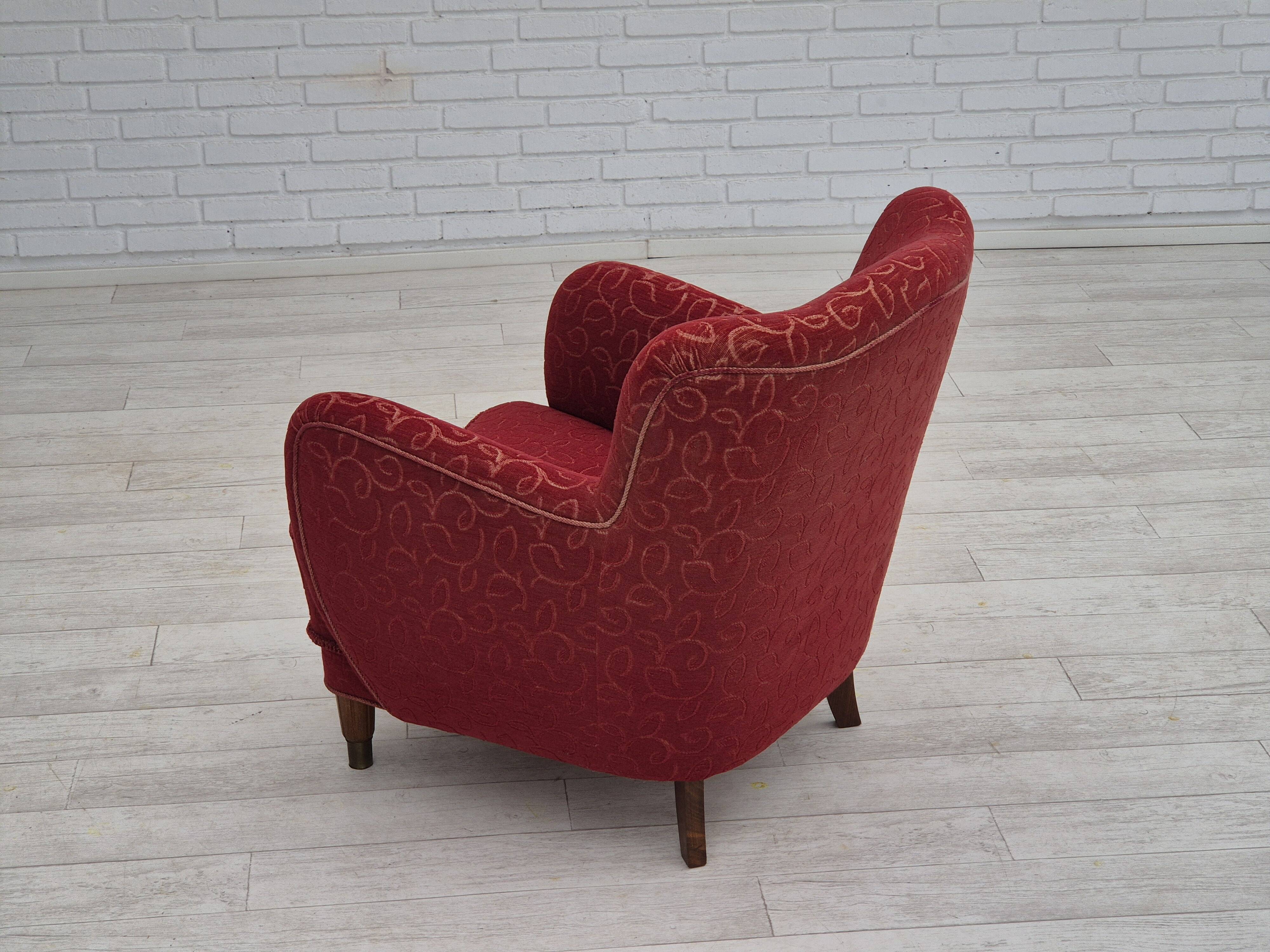 Années 1960, fauteuil relax danois, état d'origine, coton/laine rouge.