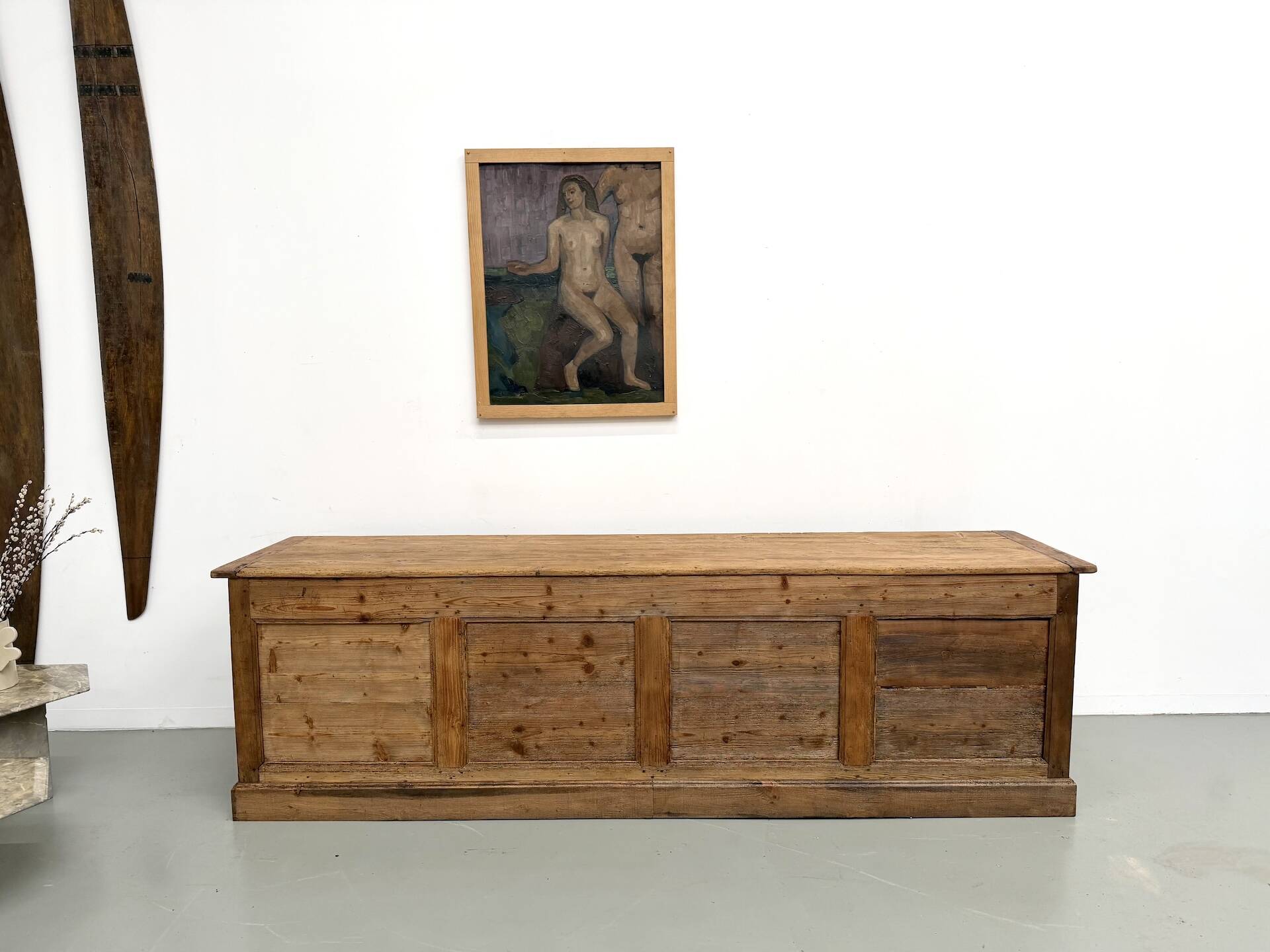 Very large pine trade counter, circa 1920.