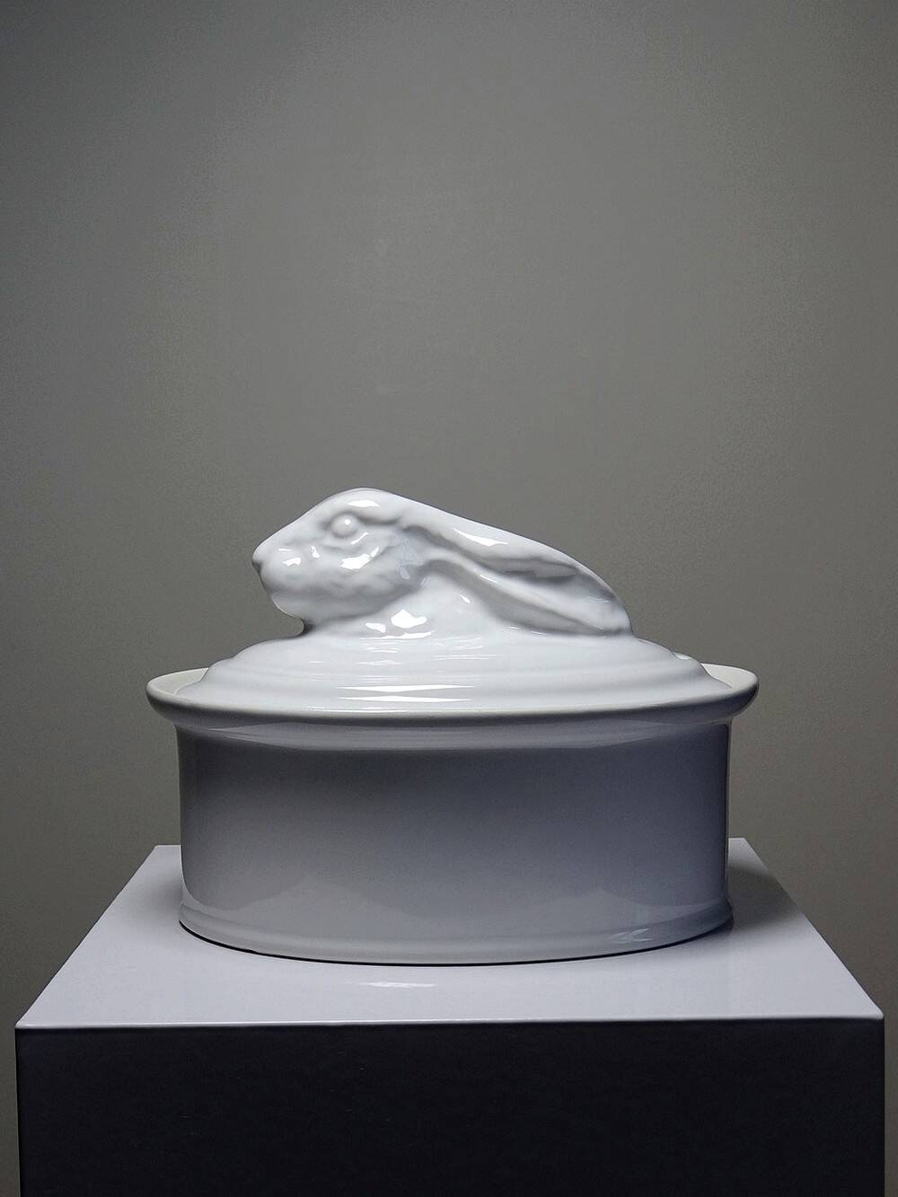 Large vintage white earthenware terrine with hare or rabbit head