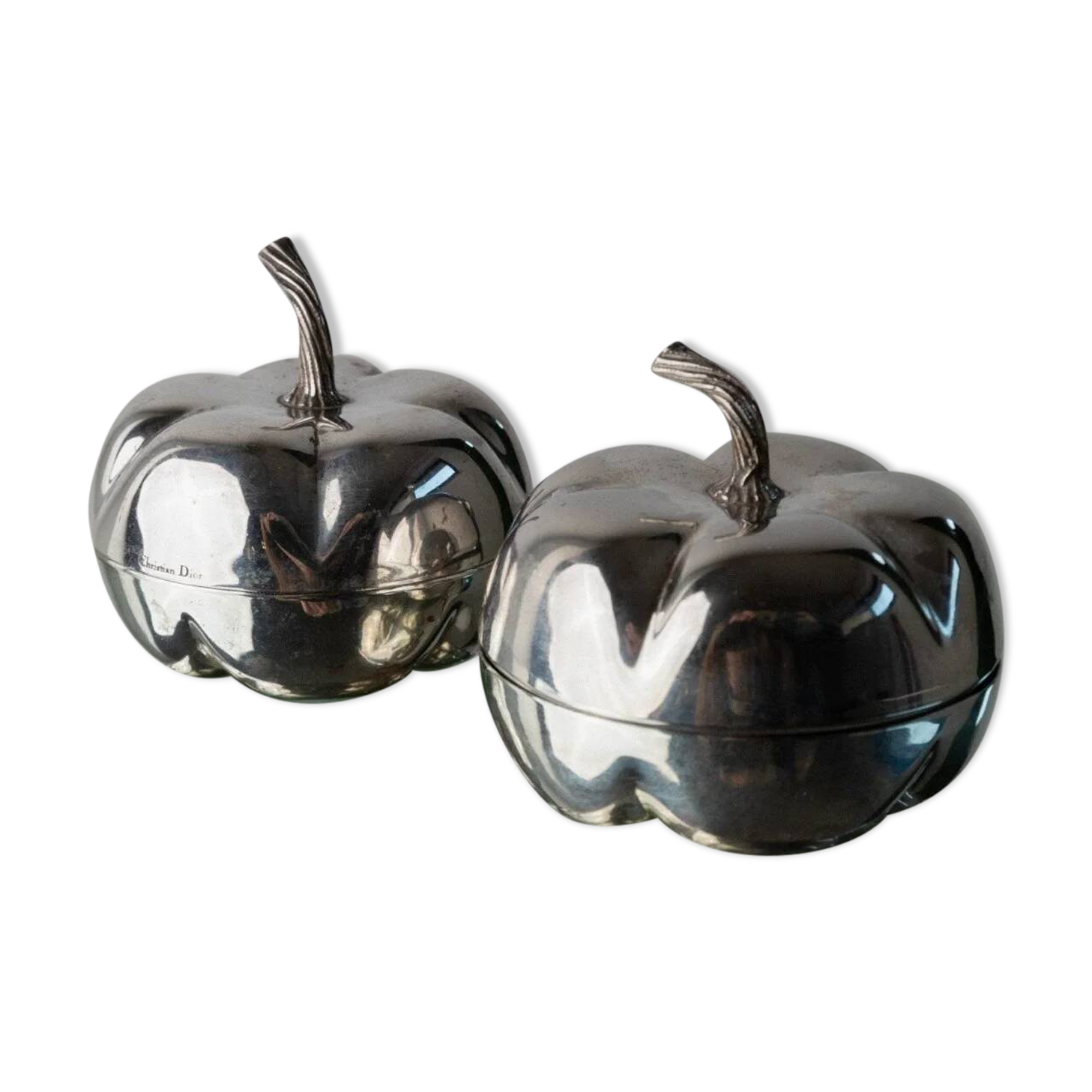 Silver-plated vintage Christian Dior Pumpkin set: two lidded metal bowls with removable integrated lighter, 1970s