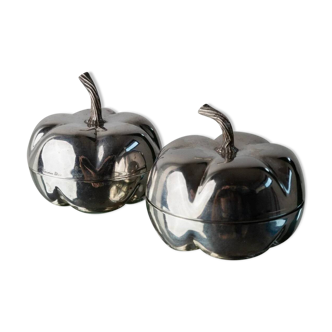 Silver-plated vintage Christian Dior Pumpkin set: two lidded metal bowls with removable integrated lighter, 1970s