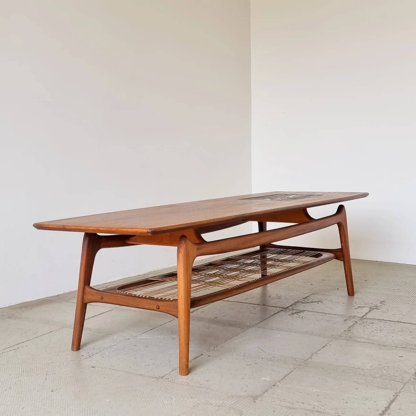 Teak coffee table by Louis Van Teeffelen with tile inlay.