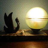 Table lamp, art deco, opaline, marble, bronze patinated metal, 30s/40s