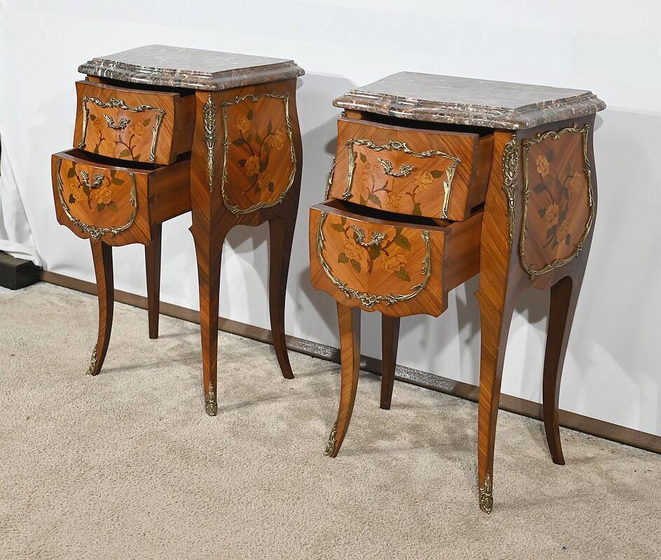 Pair of Bedside Tables in Rosewood and Marquetry, Louis XV style – Mid 20th century