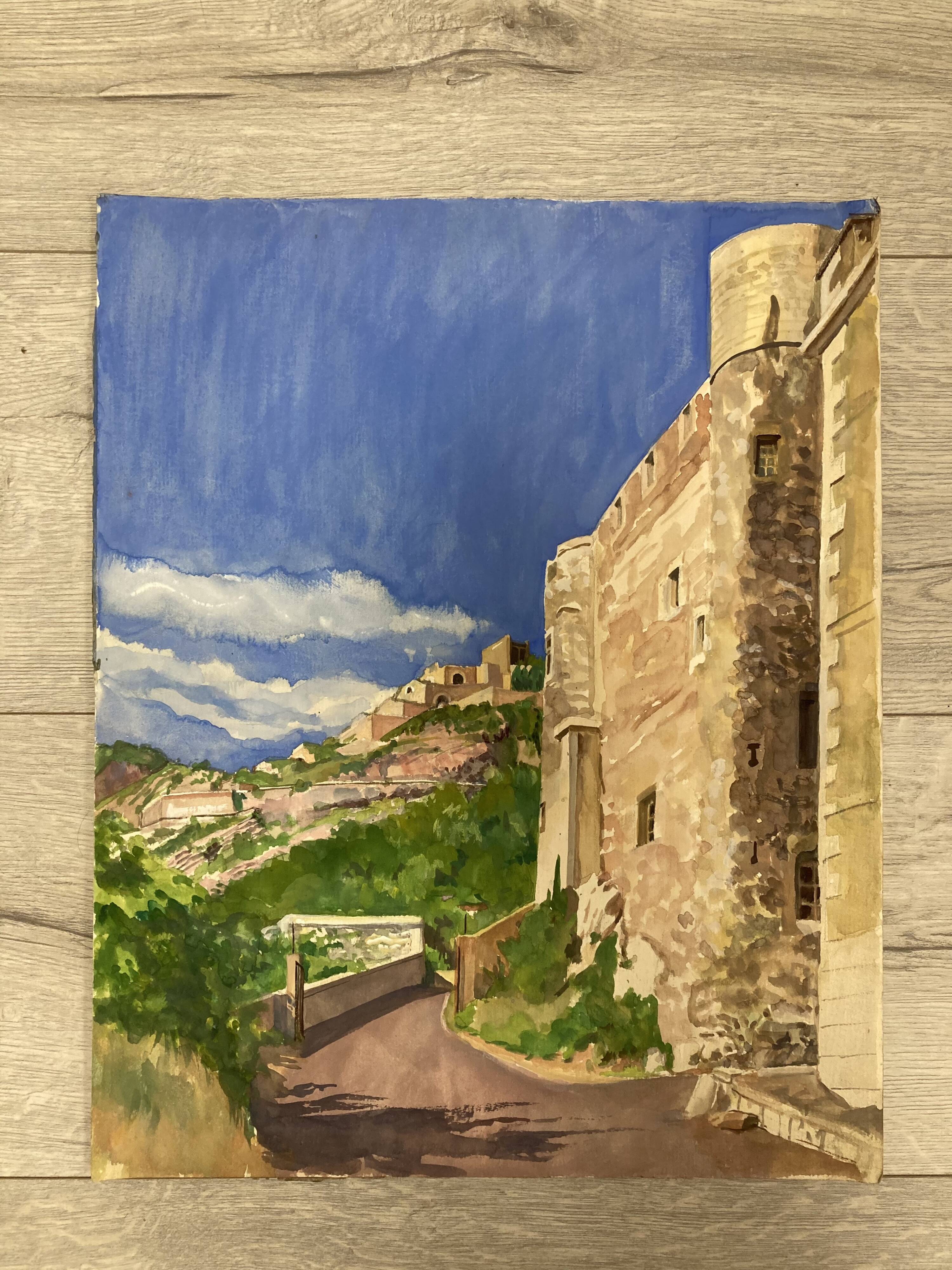 Watercolor Provencal landscape with fortified ramparts