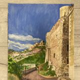 Watercolor Provencal landscape with fortified ramparts