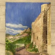 Aquarelle Paysage provençal aux remparts fortifiés