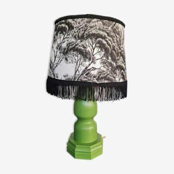 Lampe pied bois ébéniste abat jour tissus cyprès blanc et noir