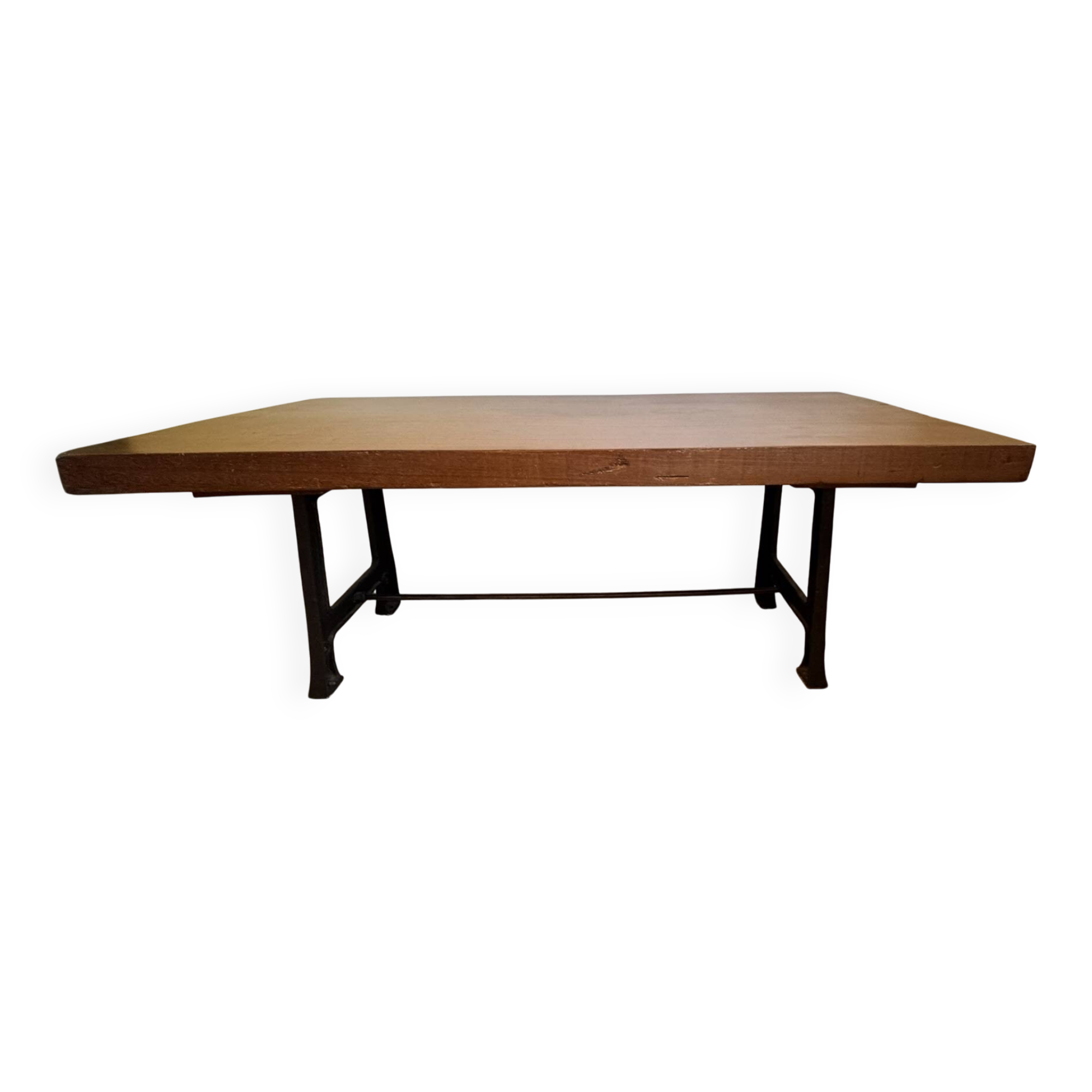 Industrial style table with a mahogany top.