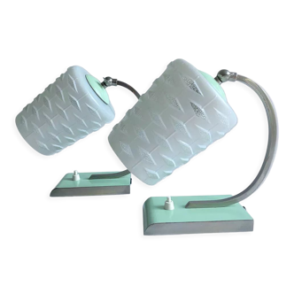 Pair of lamps art deco bauhaus, 40s, green, opaline glass, chrome