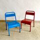 Pair of Mullca nursery chairs in metal and wood painted red and blue
