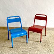 Pair of Mullca nursery chairs in metal and wood painted red and blue