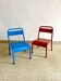 Pair of Mullca nursery chairs in metal and wood painted red and blue
