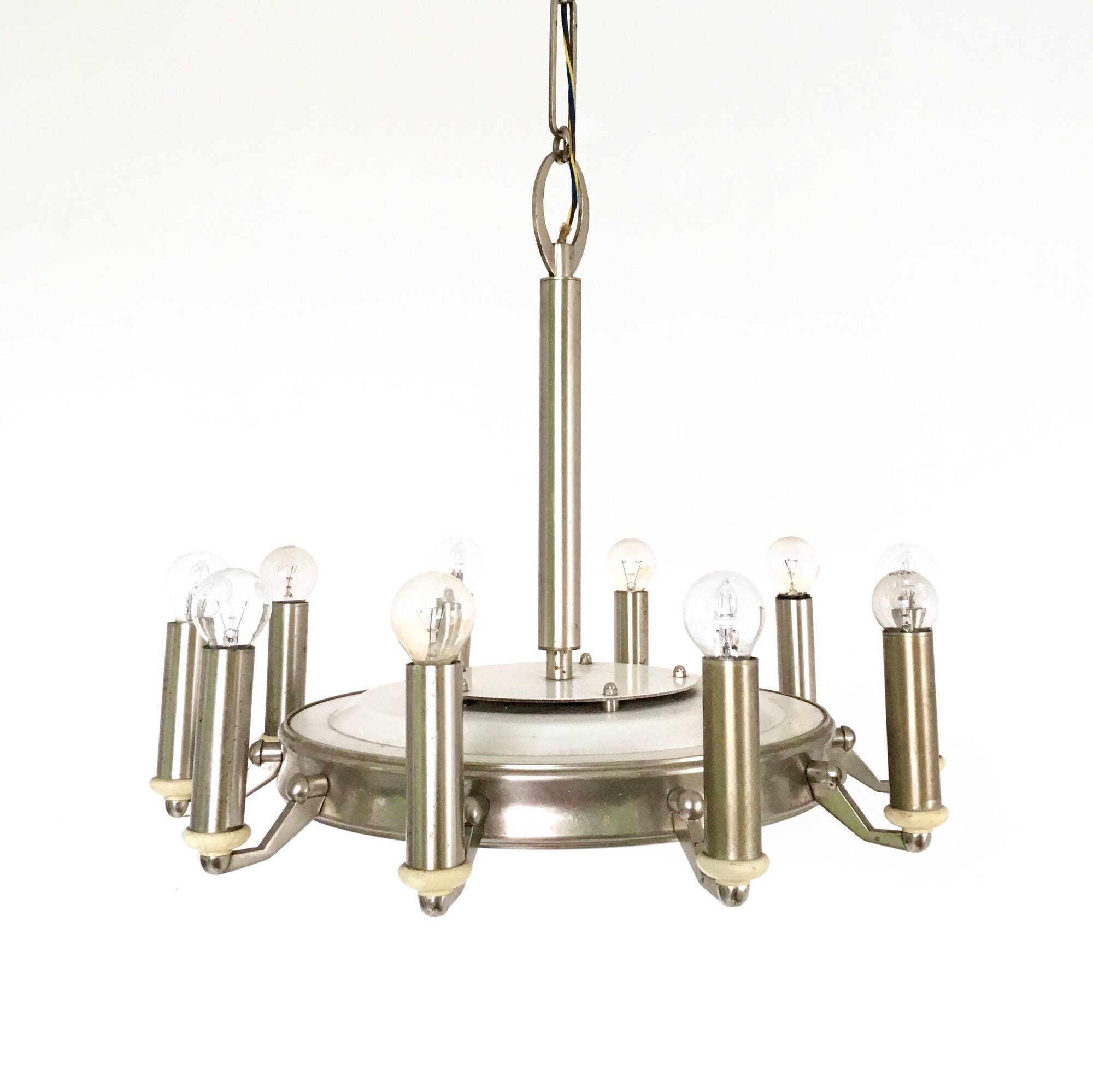 Art Deco 10-Light Round Varnished Metal Chandelier, Italy