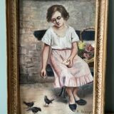 Tableau ancien signé, dessin au crayon gras sur carton