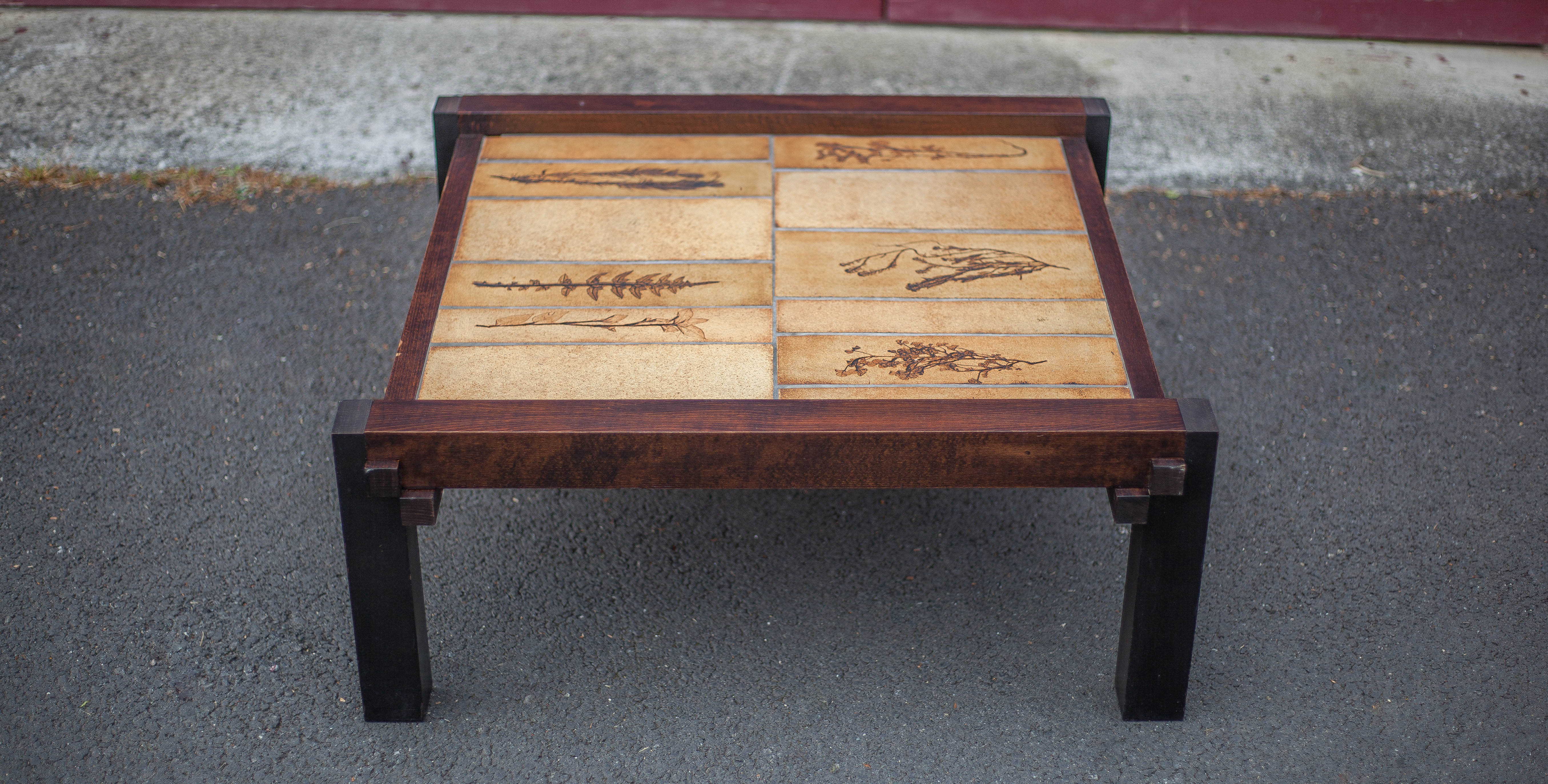 Herbarium ceramic coffee table with wooden structure, capron table, interior decoration