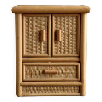Boîte à bijoux vintage en bambou et osier - commode miniature - 1980