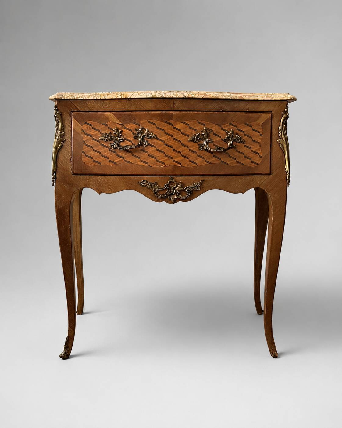 Small jump commode in Louis XV style with marquetry and marble.