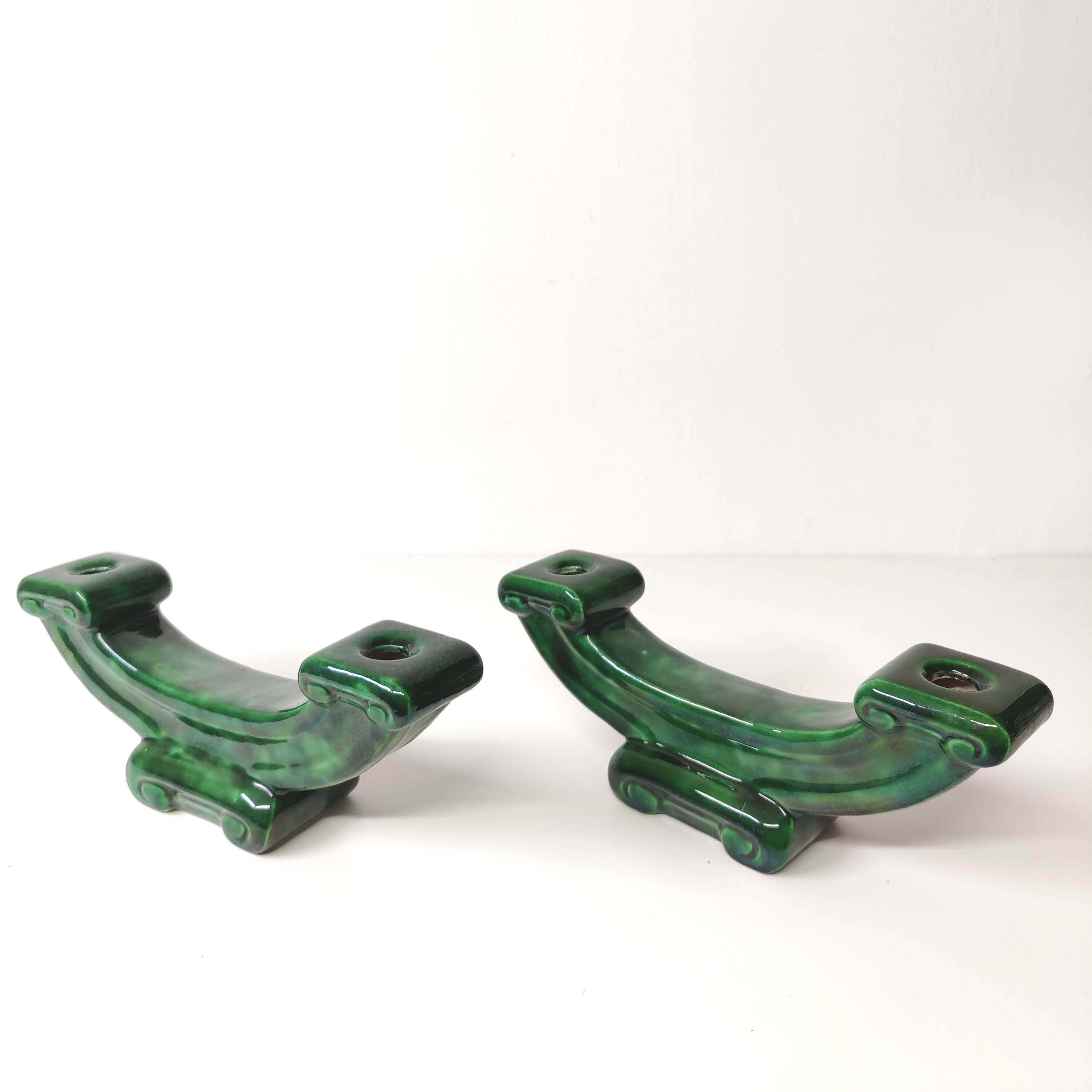 Pair of Art Deco green ceramic candlesticks by Santiago Rodriguez Bonome Paris