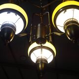 Grand lustre 3 feux en verre, opaline et laiton