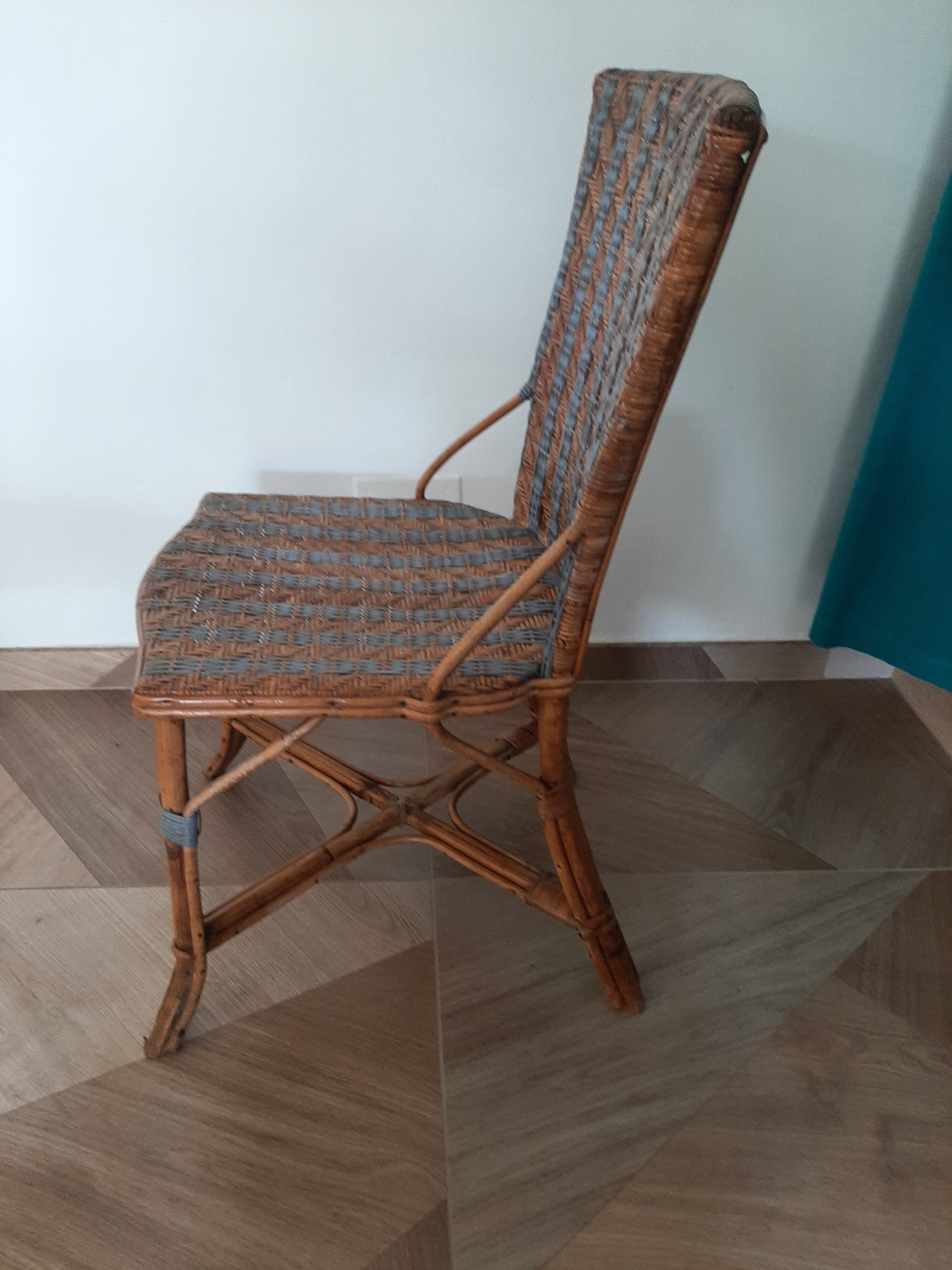 2 woven rattan garden chairs – sky blue net patterns – 1940s