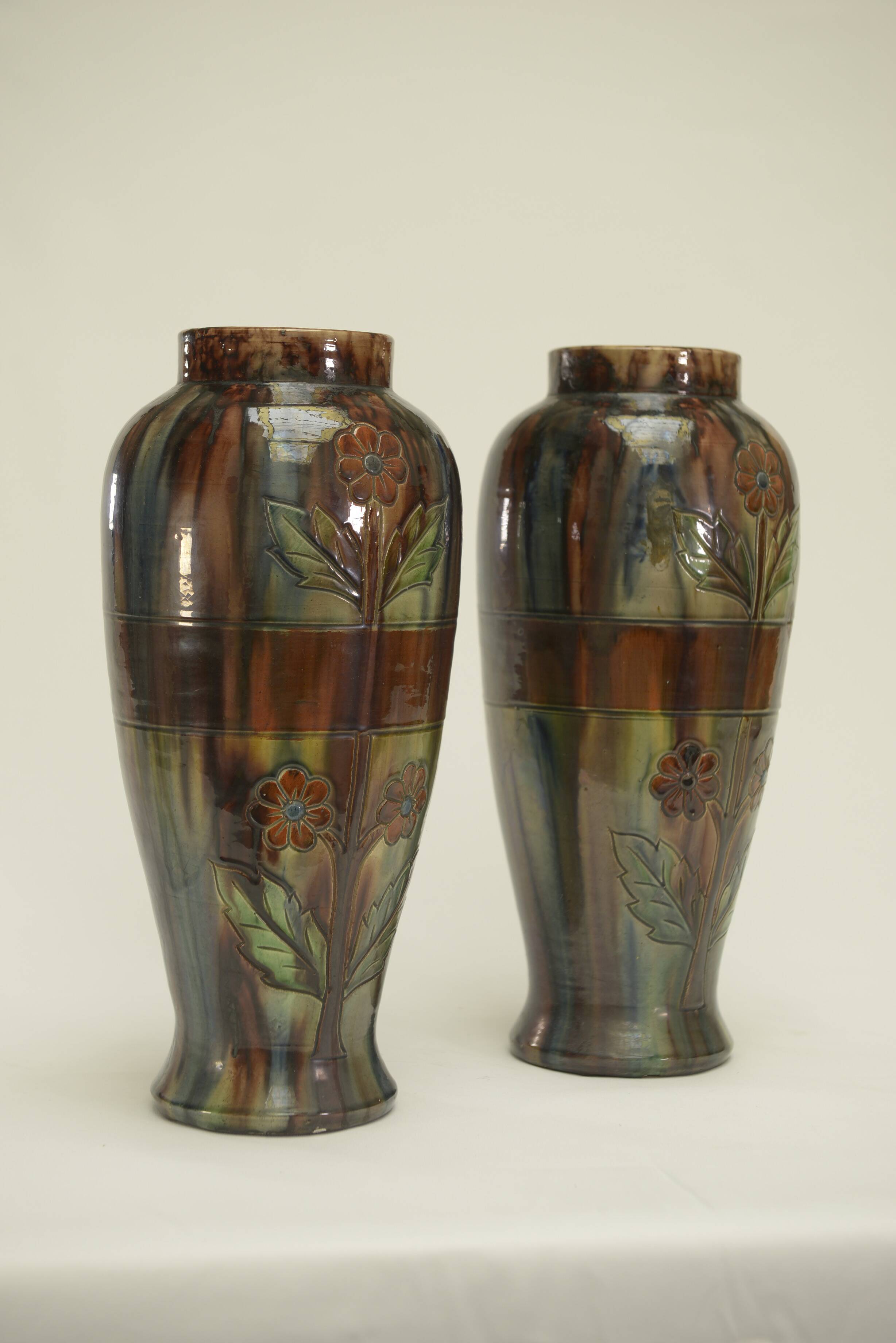Pair of barbotine vases from the early 20th century stamped BELGIUM 158