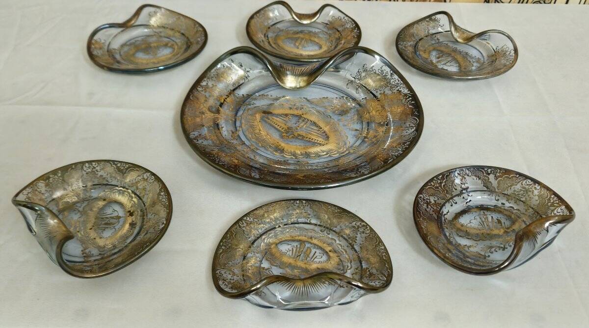 Service ancien en verre argenté – 7 pièces – Venise – décor gravé