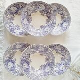 6 assiettes creuses en terre de fer violette, Sarreguemines U&C service "Géranium", 19ème siècle