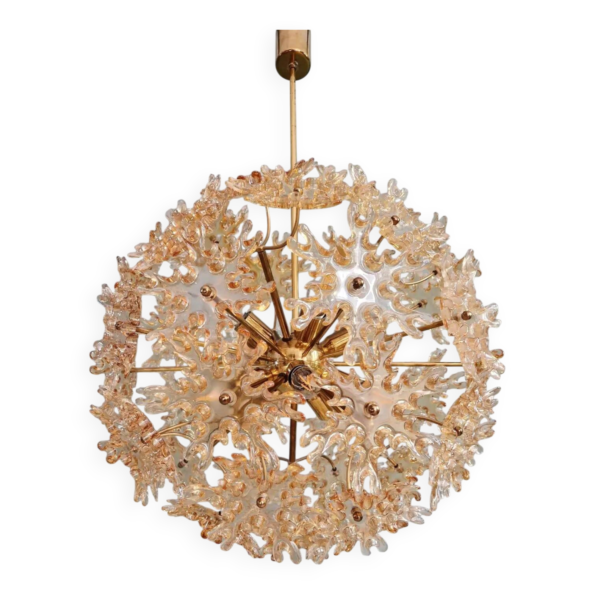 Large Sputnik chandelier in brass and amber Murano glass, SiSche, 1960.