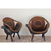 Pair of vintage armchairs carved wood and rattan 1960