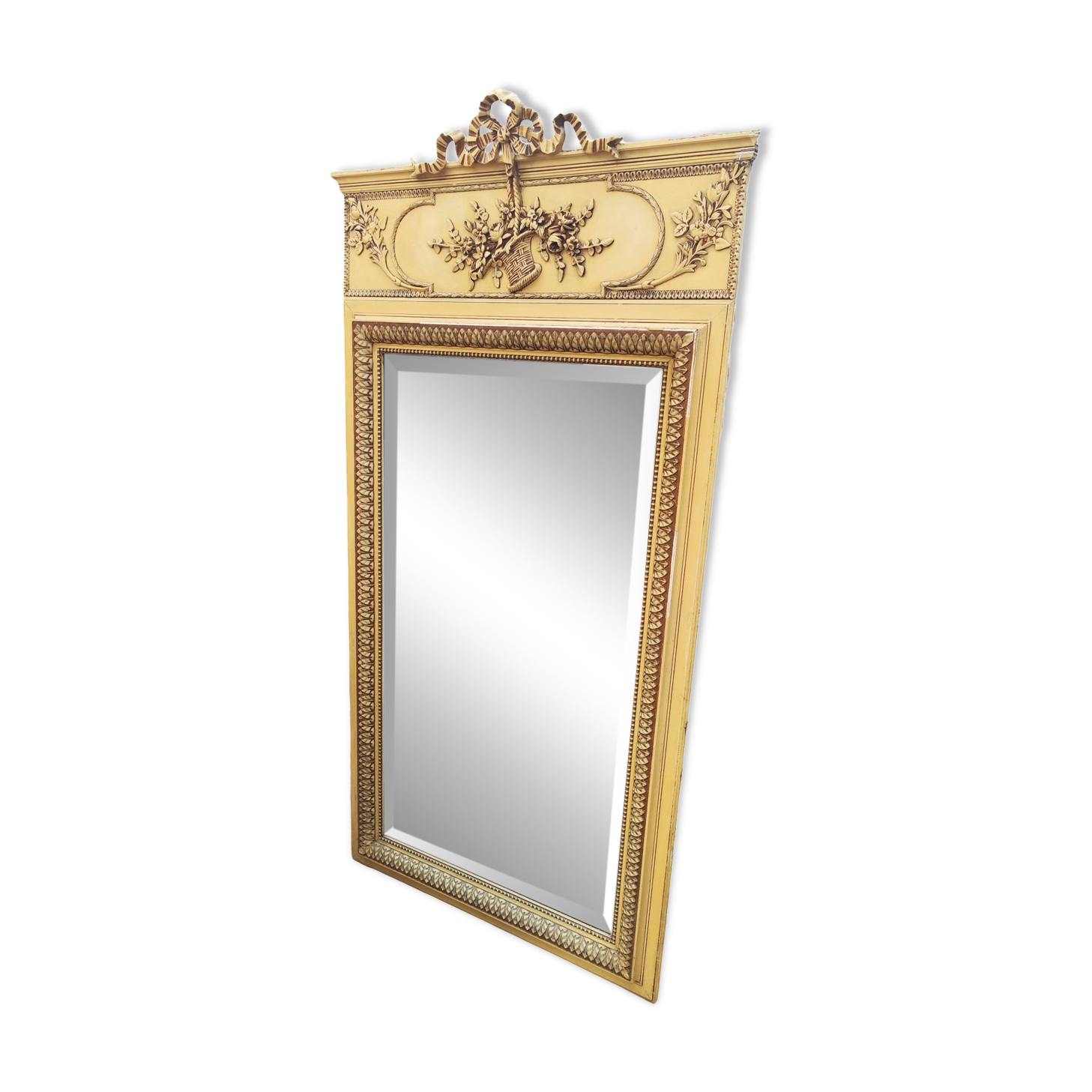 Old large Louis XVI style trumeau mirror with pediment and floral basket knot