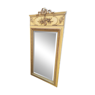 Old large Louis XVI style trumeau mirror with pediment and floral basket knot