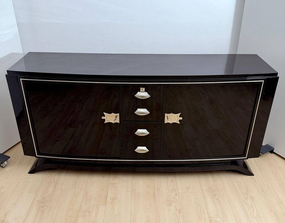 Art Deco Sideboard in Black Lacquer, Maple & Chrome, France, 1930