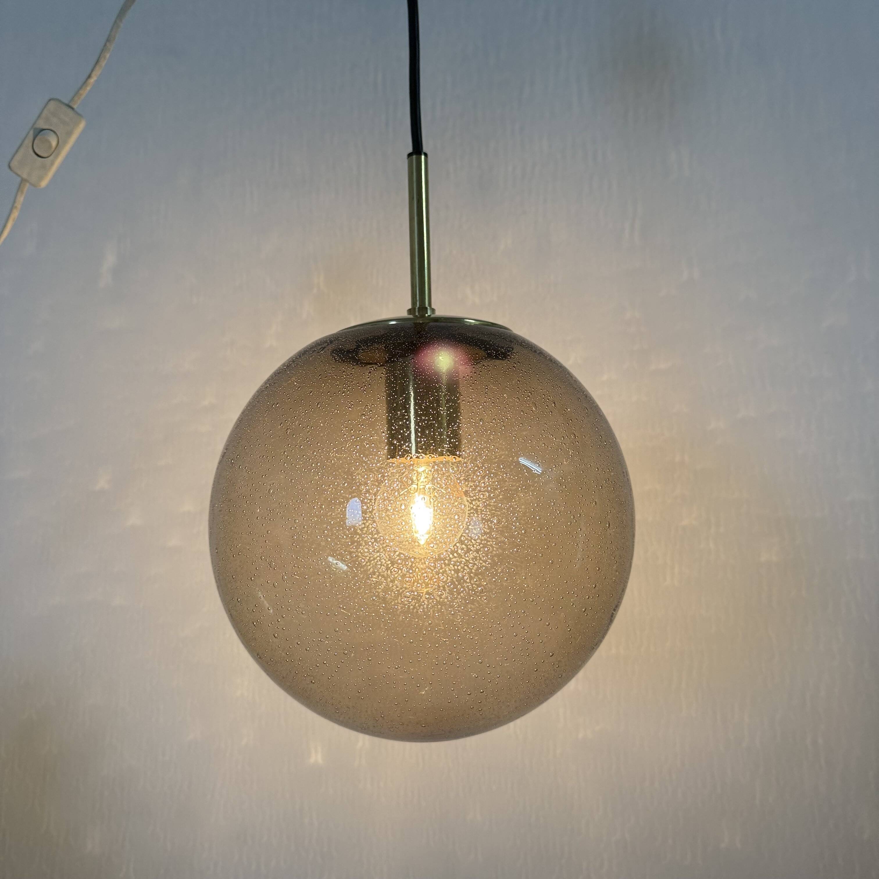 Limburg Glashütte brass smoked glass ball pendant hanging lamp , 1970s