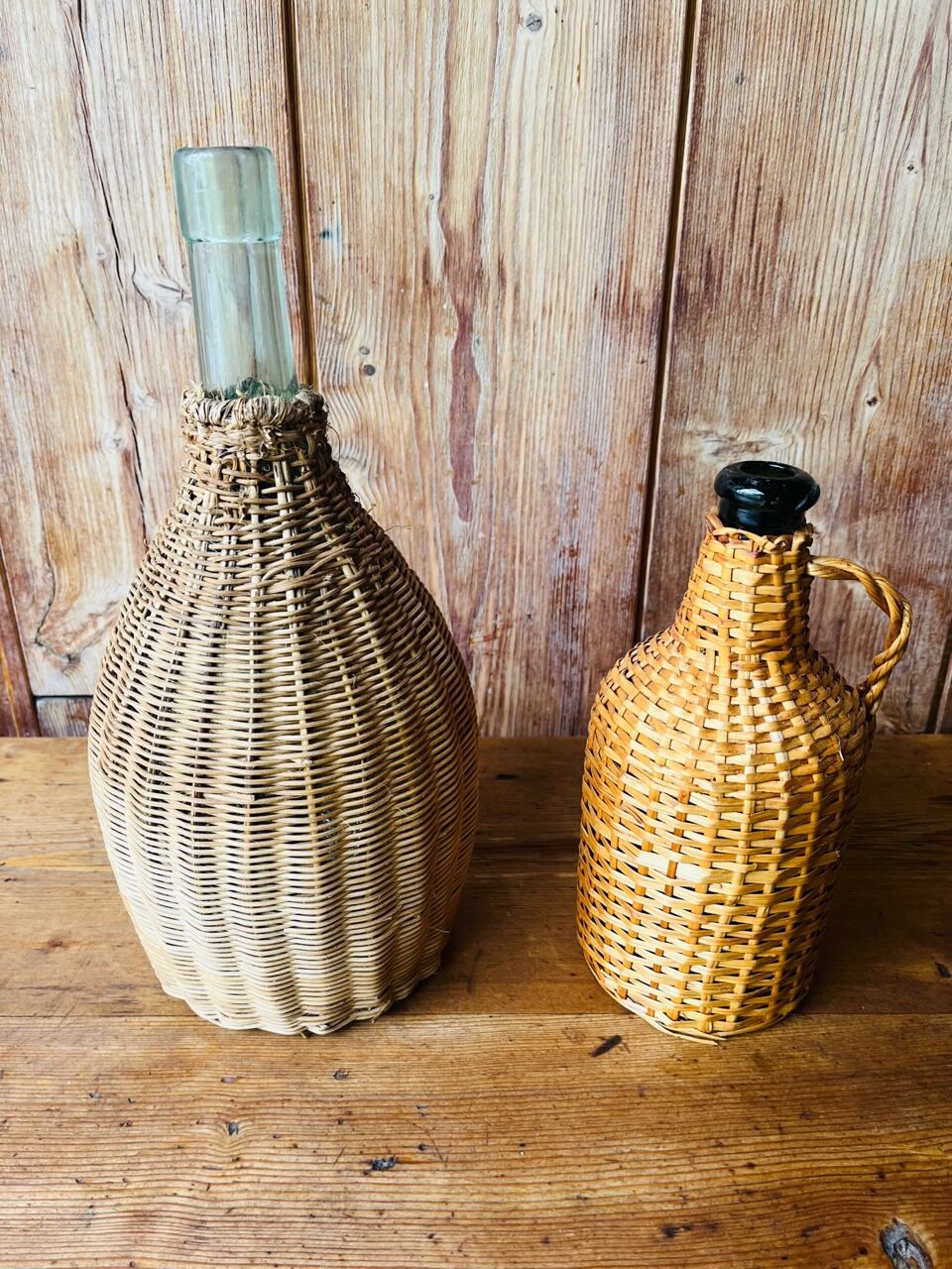 Vintage braided rattan bottle duo