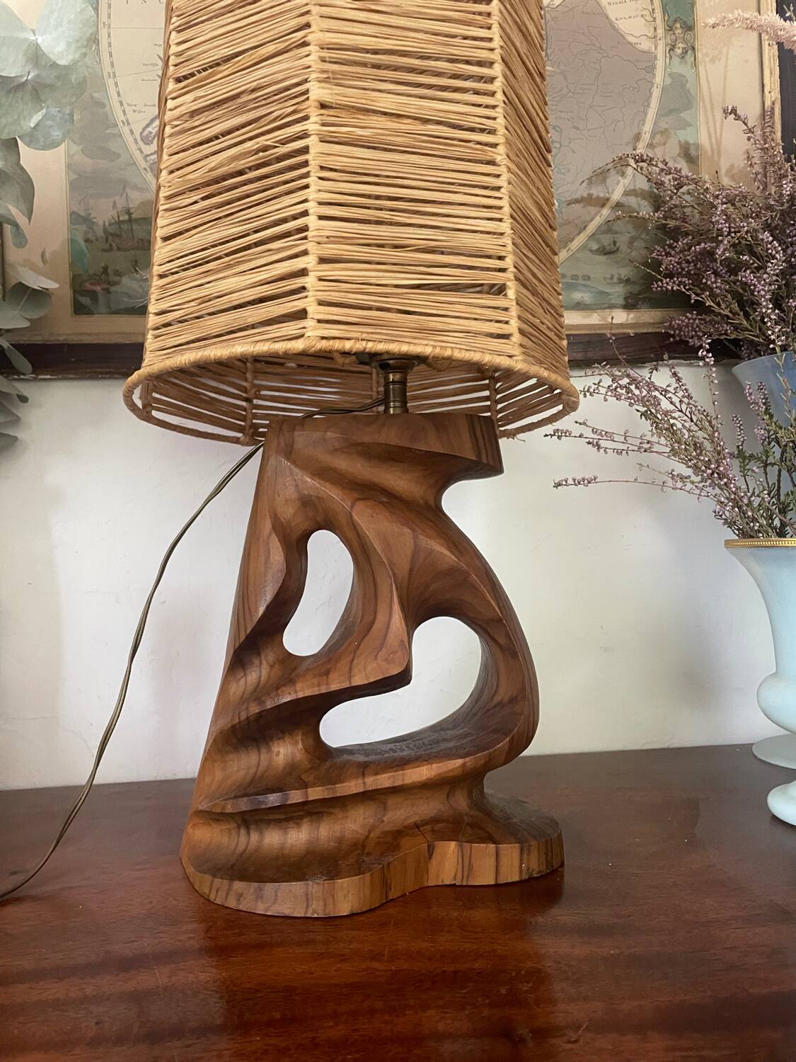 Vintage olive wood carved lamp 59cm
